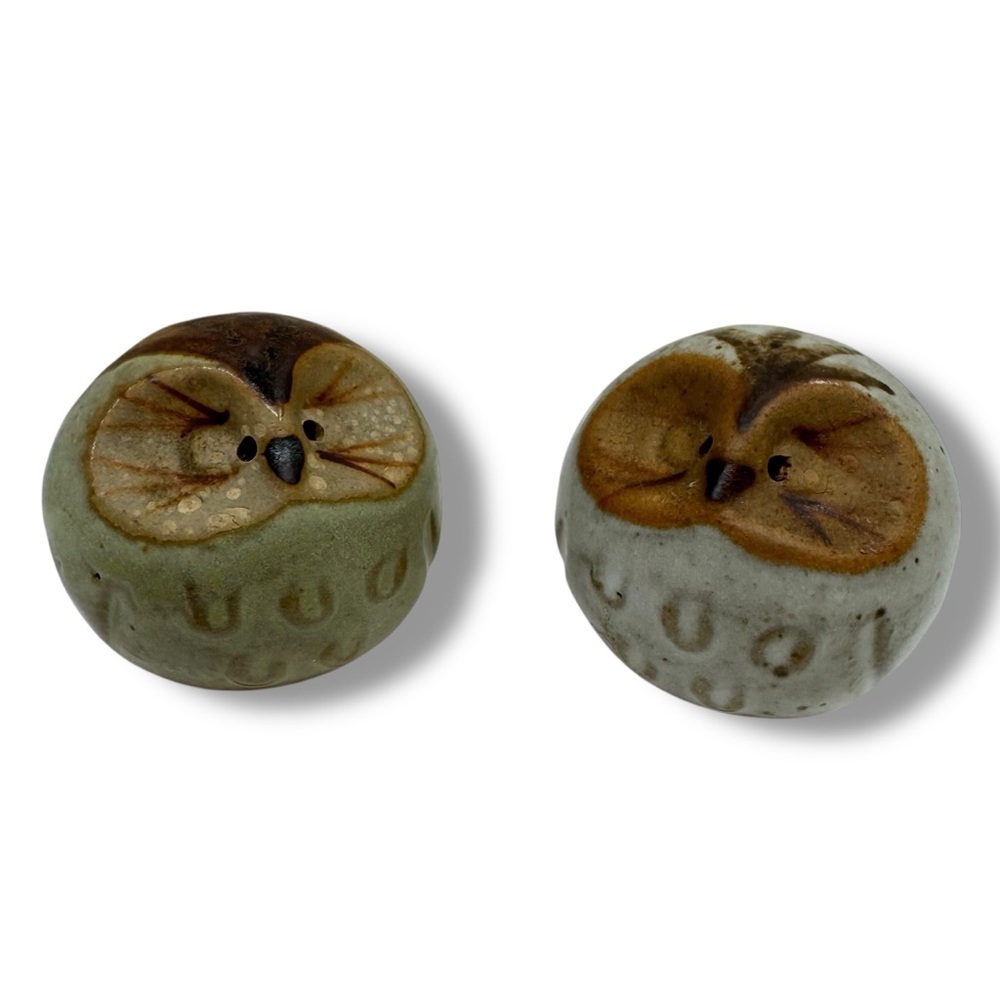 Vintage Owl Salt And Pepper Shaker Set Small Olive Green Neutral Handmade 1.5”